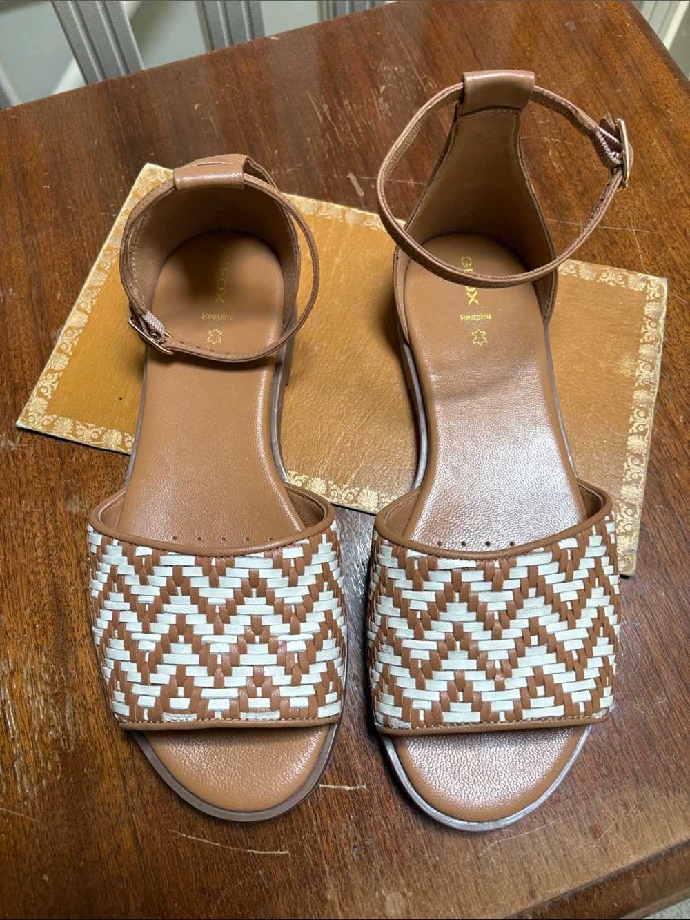 Geox Tan and White Woven Ankle-Strap Sandals